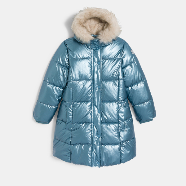 سترة منفوخة مبطنة طويلة طاردة للماء باللون الأزرق للفتيات